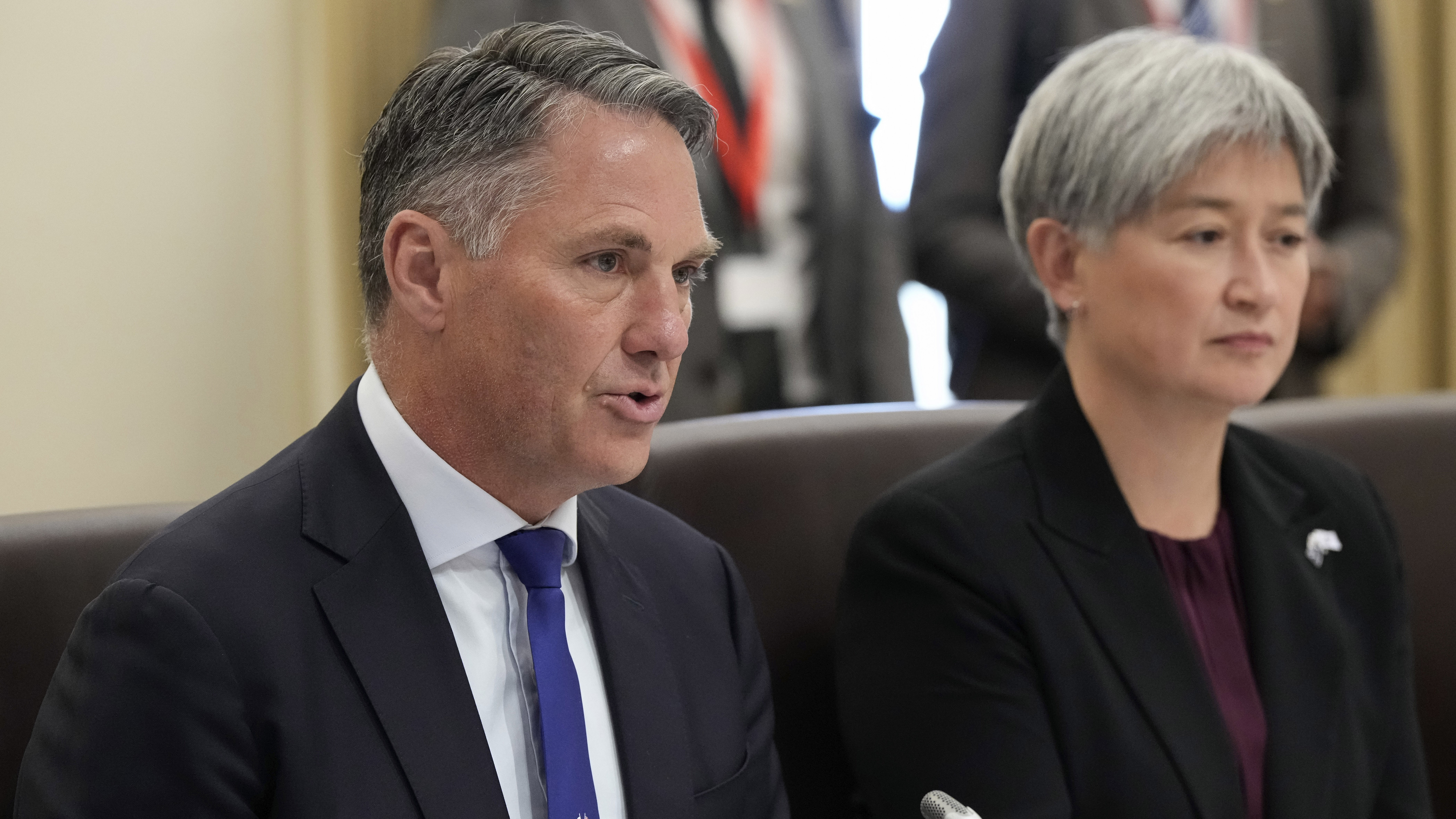 Australia's Deputy Prime Minister and Defence Minister Richard Marles speaks alongside Foreign Minister Penny Wong during an Australia and South Korea Foreign and Defence Ministers meeting in Melbourne, Australia, on May 1, 2024. Photo / Asanka Brendon Ratnayake/Pool Photo via AP, File