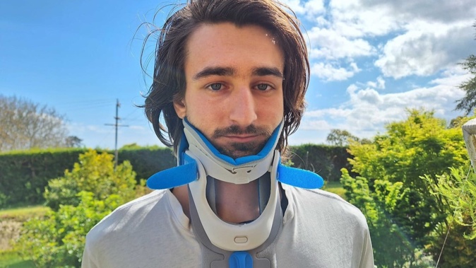 Cory Urlich broke his neck and went to Waikato Hospital, but left after waiting for about five hours. Photo / supplied