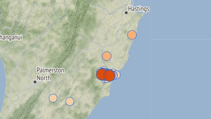 There were 27 aftershocks overnight centred around Pōrangahau. Photo / Geonet