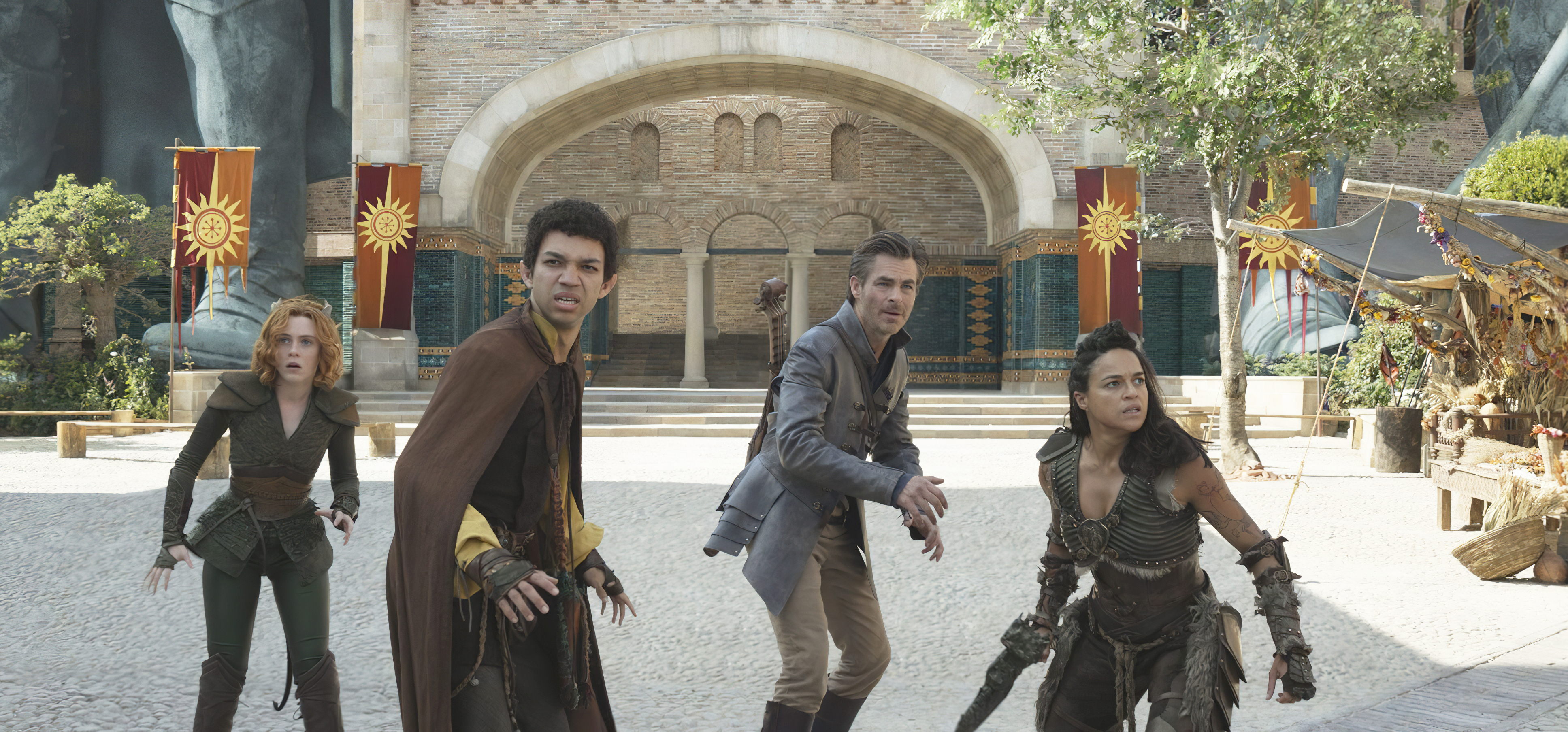 This image released by Paramount Pictures shows Sophia Lillis, Justice Smith, Chris Pine and Michelle Rodriguez in a scene from "Dungeons & Dragons: Honor Among Thieves." Photo / Paramount Pictures via AP
