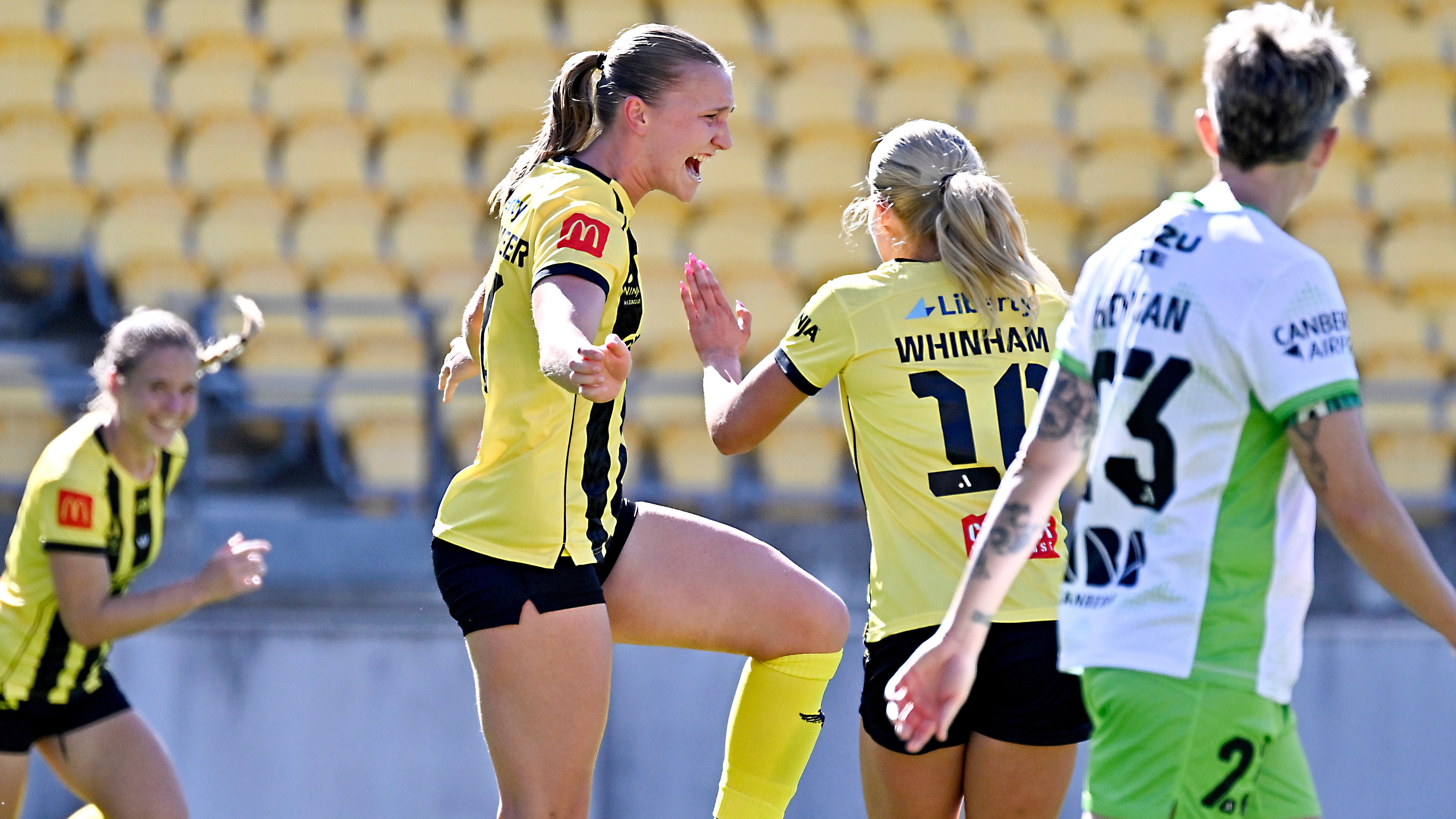 Marisa van der Meer celebrates after scoring the equaliser for Wellington Phoenix against Canberra United. Photo / Photosport
