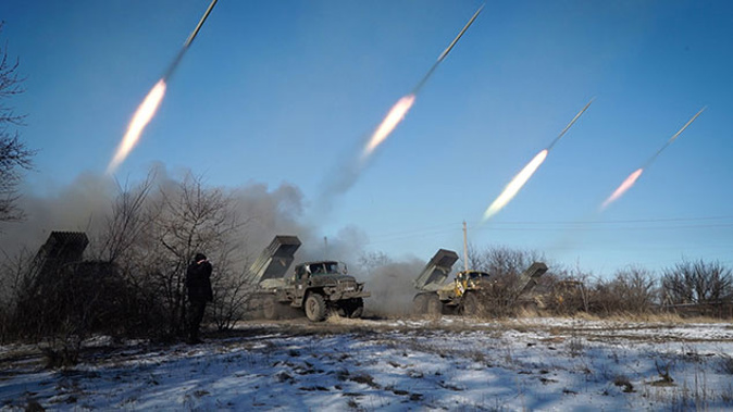 Pro-Russian rebels stationed in the eastern Ukrainian city of Gorlivka, Donetsk region, launch rockets from Grad launch vehicles (Getty Images)