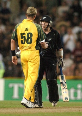 2005 - 'Binga's Beamer' - Brett Lee and Brendon McCullum nearly clash during the Chappell Hadlee series when Lee bowls a dangerous delivery to B-Mac who took exception (Photo: Getty Images)