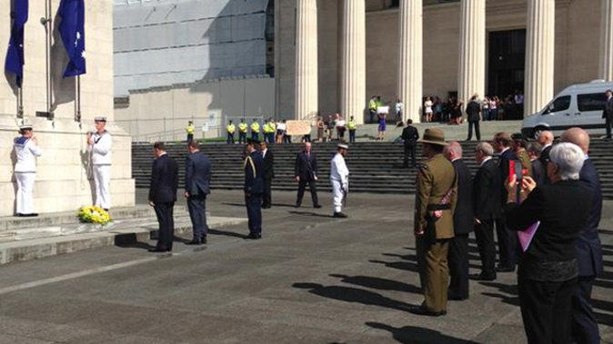 Tony Abbott and John Key laying a wreath at the Auckland War Memorial (Josh White) 