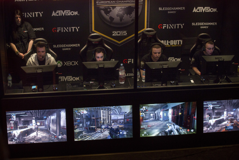 Teams take part in a qualifying match at the 2015 Call of Duty European Championships at The Royal Opera House.