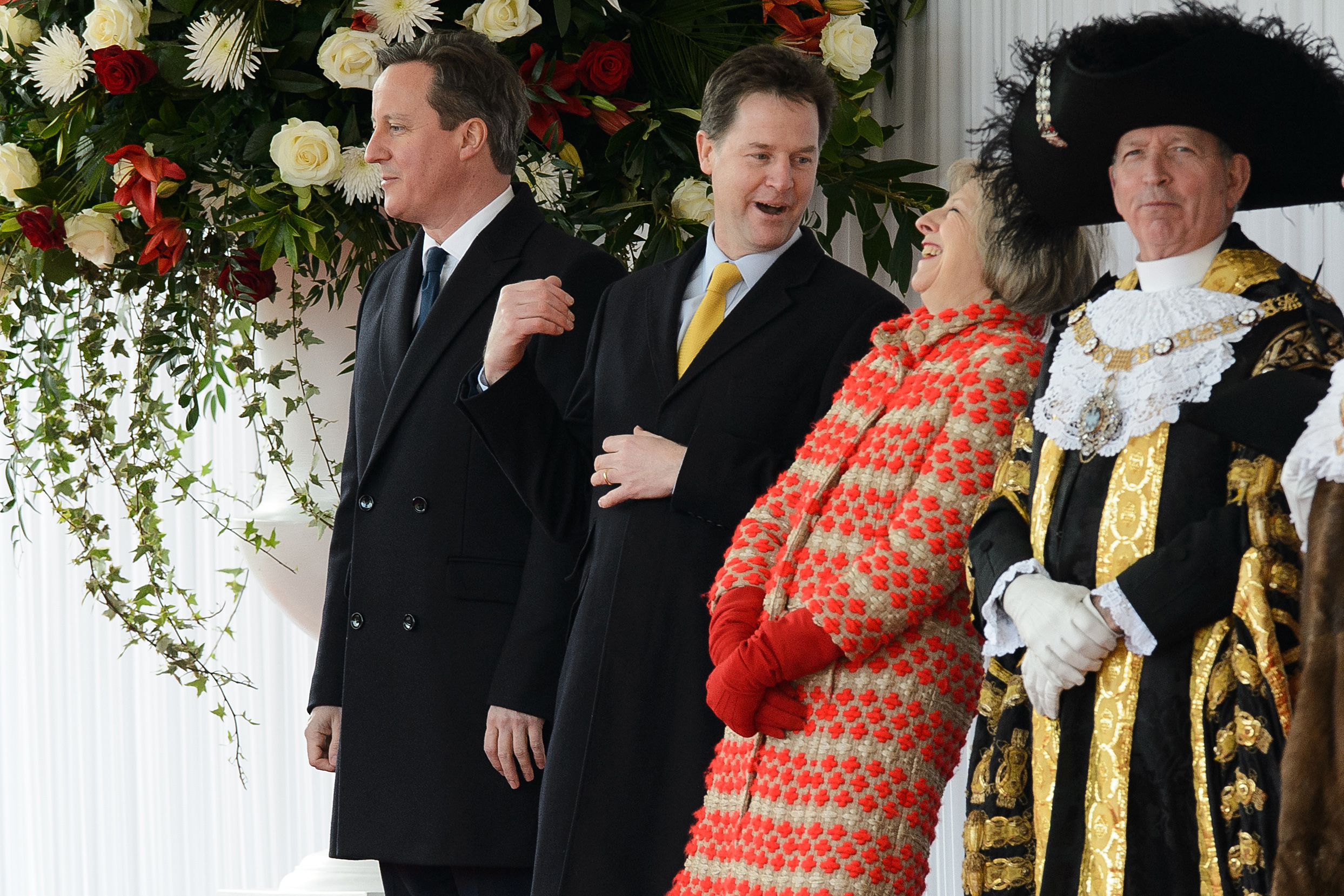 Home Secretary Theresa May (2nd R) stands with Prime Minister David Cameron (L) and Deputy Prime Minister Nick Clegg (2nd L) before the arrival of the President of Mexico, Enrique Pena Nieto and his wife Angelica Rivera at Horse Guards Parade on March 3, 2015 in London, England.