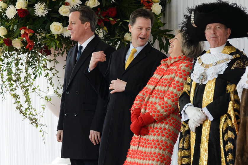 Home Secretary Theresa May (2nd R) stands with Prime Minister David Cameron (L) and Deputy Prime Minister Nick Clegg (2nd L) before the arrival of the President of Mexico, Enrique Pena Nieto and his wife Angelica Rivera at Horse Guards Parade on March 3, 2015 in London, England.