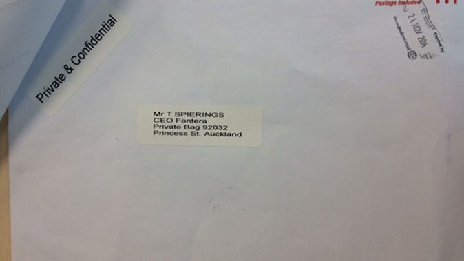 The letter to sent to Fonterra CEO Theo Spierings