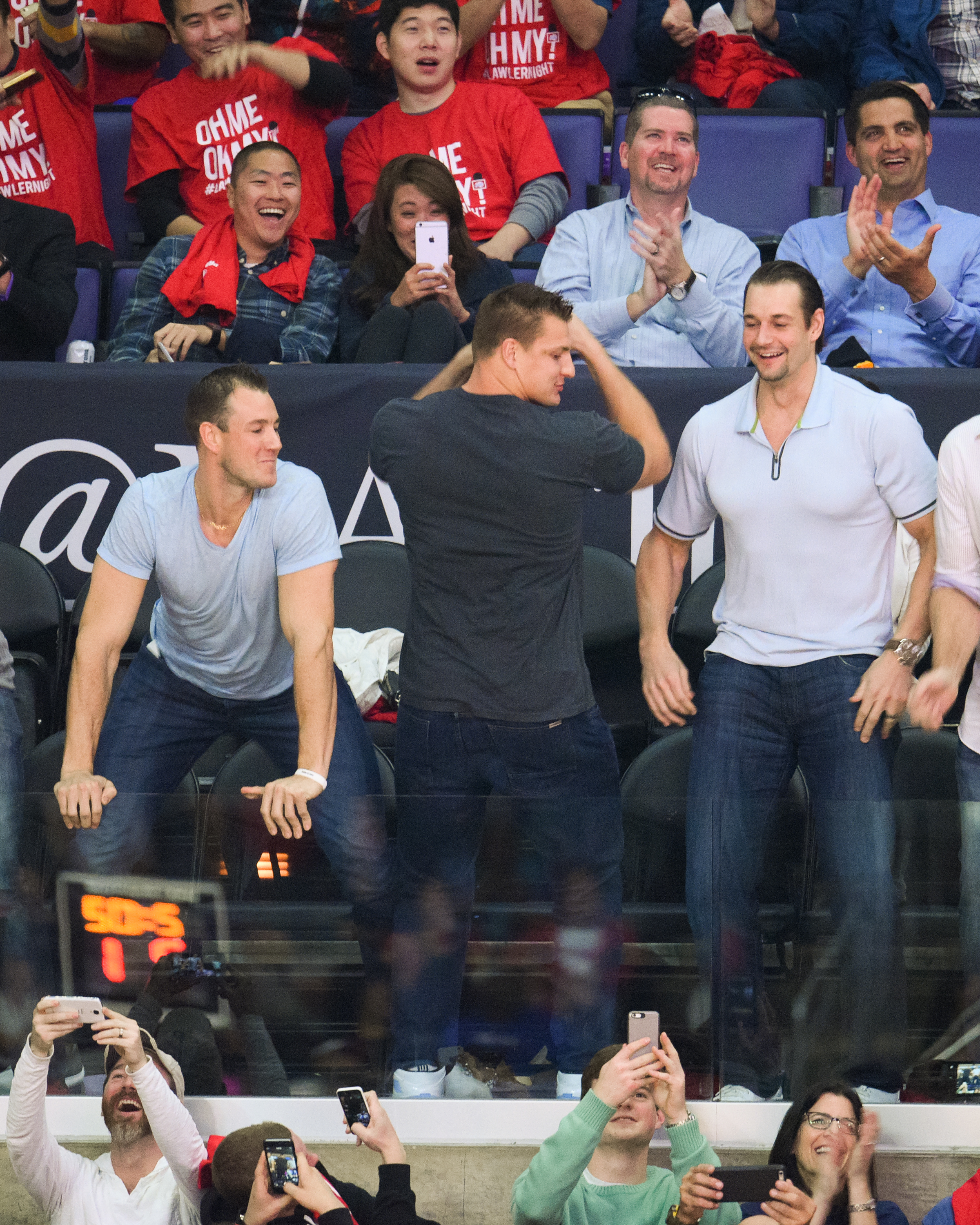 Rob Gronkowski dances during 'Dance Cam' at a basketball game between the Minnesota Timberwolves and the Los Angeles Clippers.
