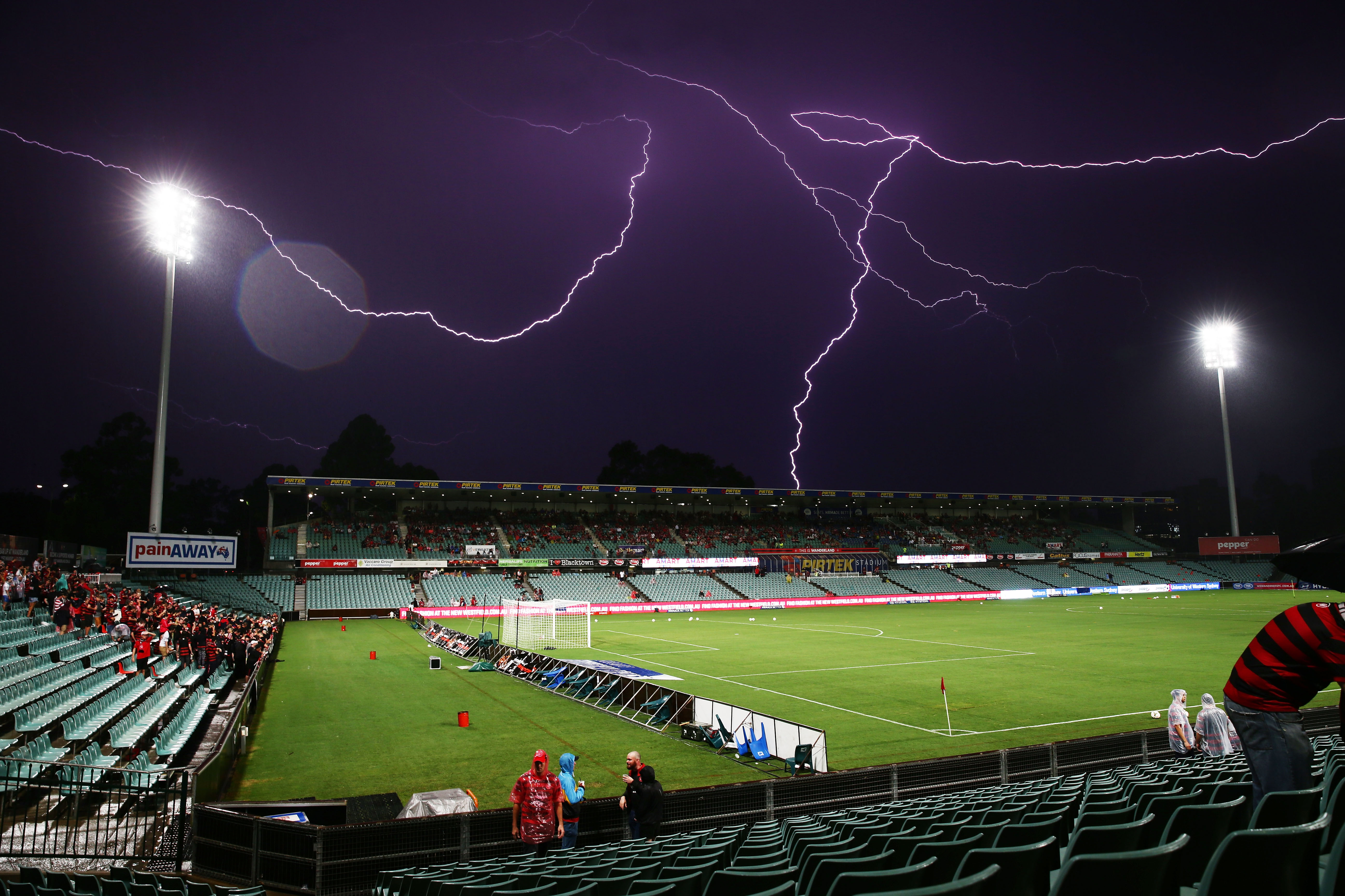 Lightning strikes delay the start of play before the round 21 A-League match between the Western Sydney Wanderers and Melbourne City FC at Pirtek Stadium.