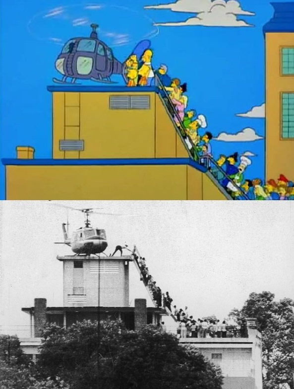 The Simpsons escaping from Australia echoes this shot of The Fall of Saigon