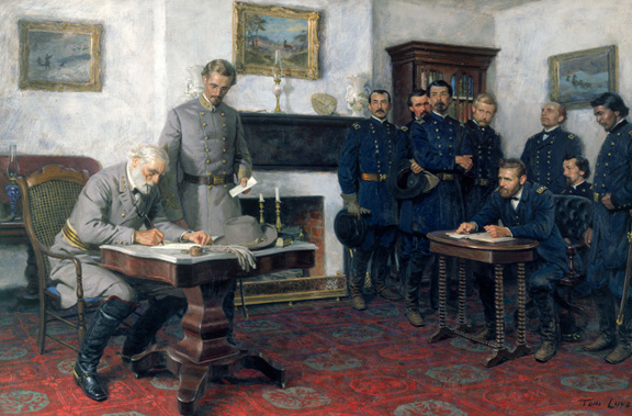 Confederate General Robert E Lee surrenders to Union General Ulysses S Grant, ending US Civil War