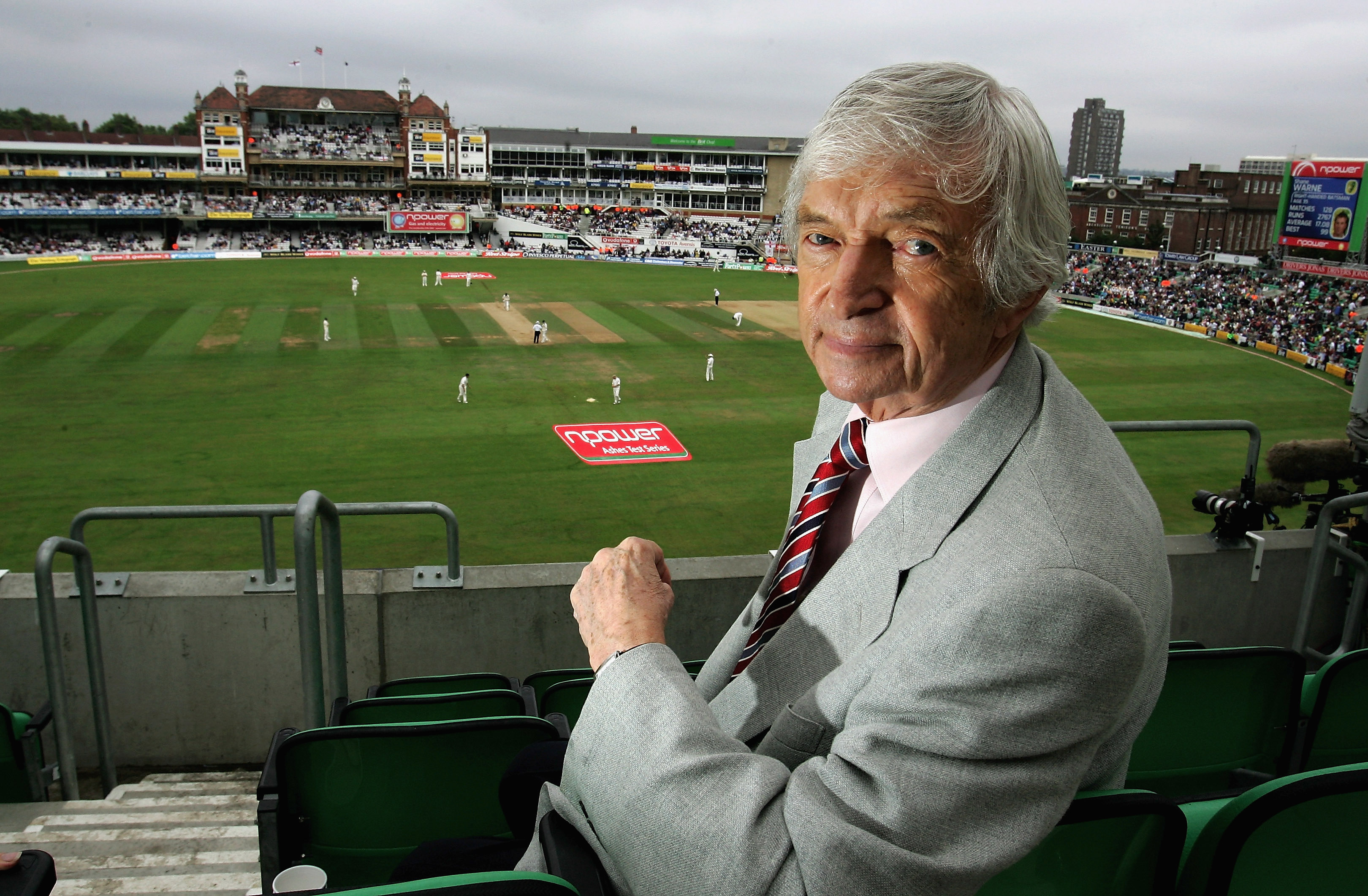 Channel 4 commentator Richie Benaud looks on during day four of the Fifth npower Ashes Test match between England and Australia at the Brit Oval (2005) 