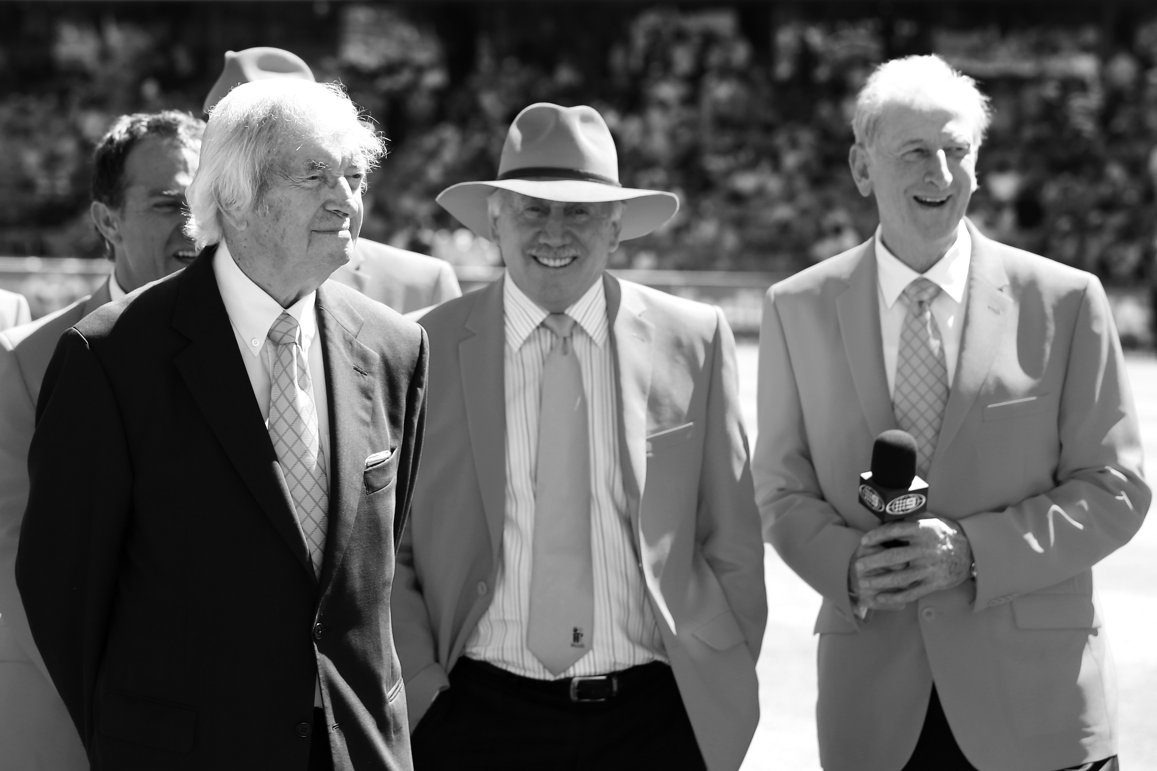 Former Australian test players and current Channel 9 commentators Ian Healy, Richie Benaud, Michael Slater, Ian Chappell and Bill Lawry (2013) 