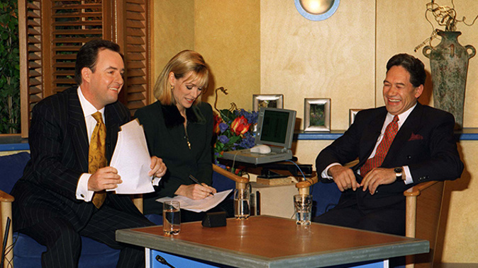 Mike Hosking, Susan Wood and Winston Peters on Breakfast TV in 1996 (Getty Images) 