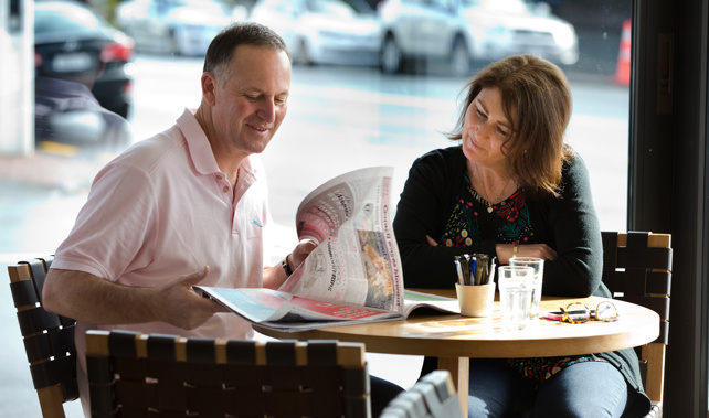 John Key, with his wife Bronagh, having a coffee at their local coffee shop the morning after the general election (NZME.)