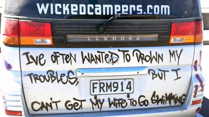 The slogan printed on the back of a Wicked Campers van. 