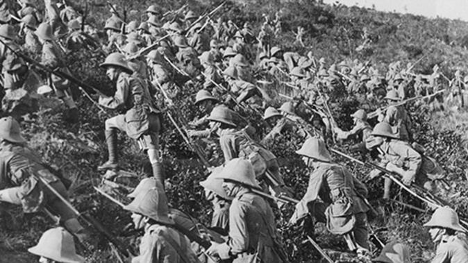 ANZAC Soldiers charging up a hill on the Gallipoli Peninsula, 1915.