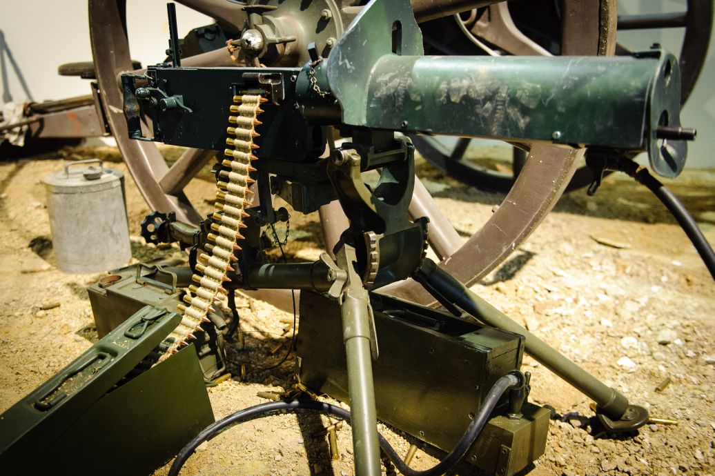 A detail of a machine gun on display in the new area of the exhibition open to the public today. WELLINGTON, NEW ZEALAND - May 04: Opening of "Gallipoli: the New Zealand Story in Colour"  Great War Exhibition, Pukeahu National War Memorial, Buckle St, Wellington May 04, 2015 in Wellington, New Zealand. (Photo by Mark Tantrum/ mark tantrum.com)