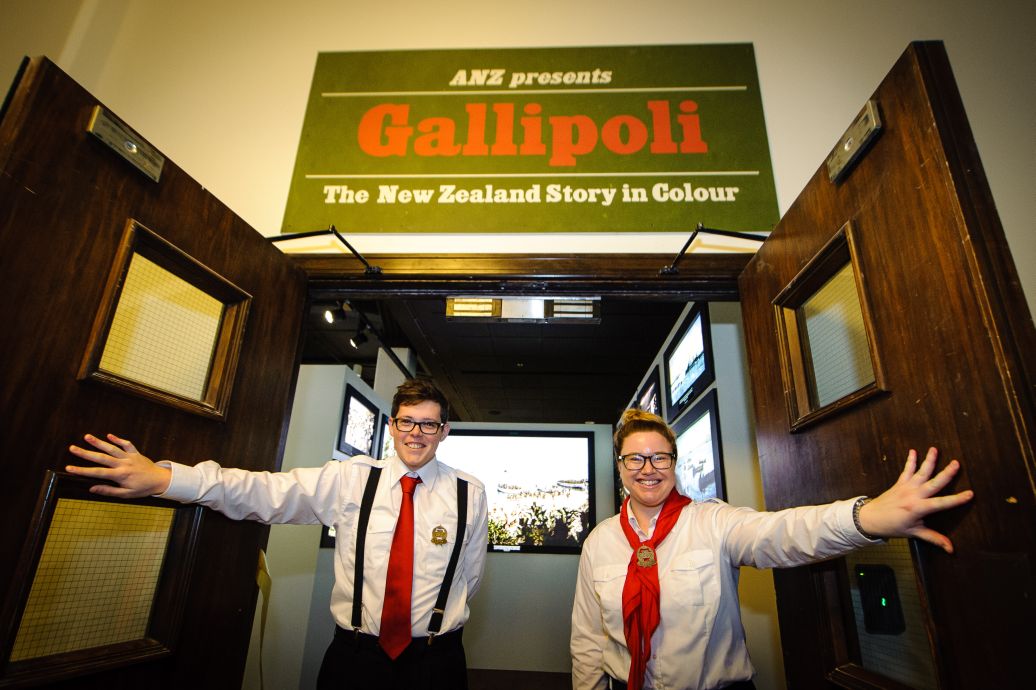 Staff welcome the public to the new wing of the exhibition. WELLINGTON, NEW ZEALAND - May 04: Opening of "Gallipoli: the New Zealand Story in Colour"  Great War Exhibition, Pukeahu National War Memorial, Buckle St, Wellington May 04, 2015 in Wellington, New Zealand. (Photo by Mark Tantrum/ mark tantrum.com)