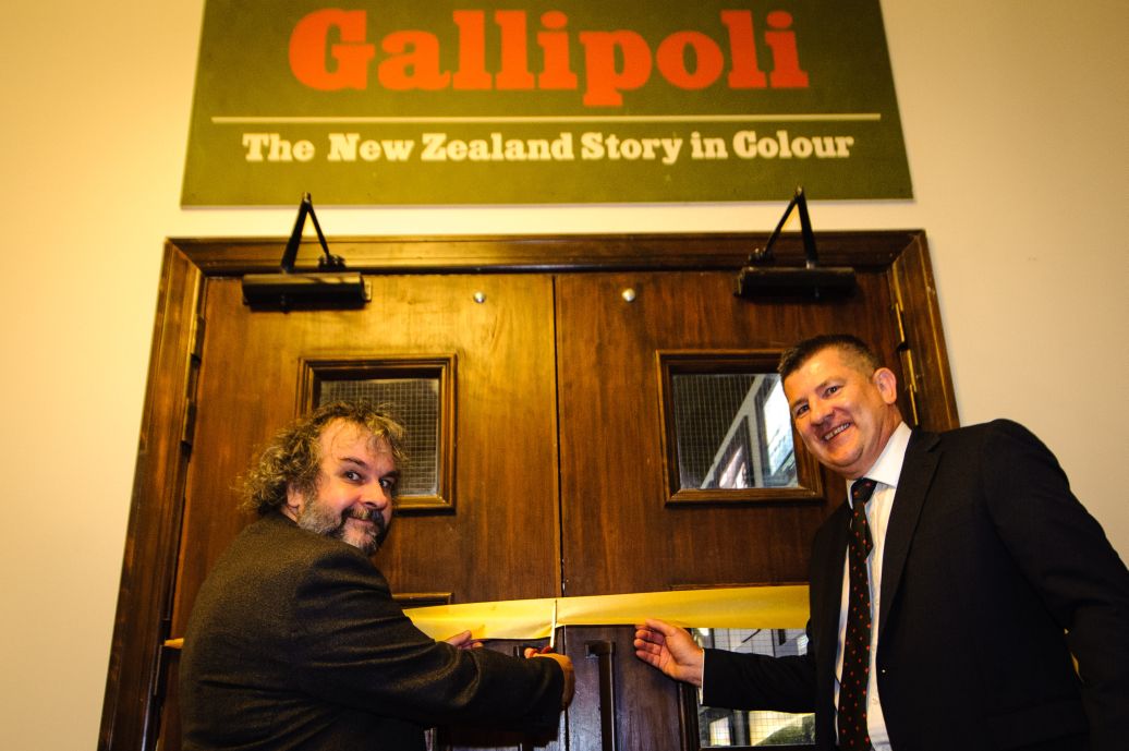 Sir Peter Jackson and John Bennett – ANZ General Manager - Central Region cut the ribbon to "Gallipoli: the New Zealand Story in Colour"  Great War Exhibition, Pukeahu National War Memorial, Buckle St, Wellington May 04, 2015 in Wellington, New Zealand. (Photo by Mark Tantrum/ mark tantrum.com)
