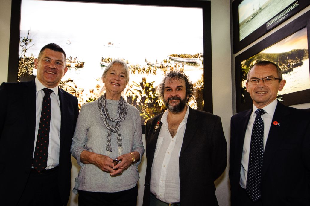 John Bennett – ANZ General Manager - Central Region, UK Based artist Anita Young , Sir Peter Jackson, and Brian Roche – Chairman of National Military Heritage Charitable Trust. WELLINGTON, NEW ZEALAND - May 04: Opening of "Gallipoli: the New Zealand Story in Colour"  Great War Exhibition, Pukeahu National War Memorial, Buckle St, Wellington May 04, 2015 in Wellington, New Zealand. (Photo by Mark Tantrum/ mark tantrum.com)