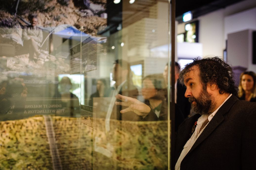 Sir Peter Jackson explains to media the Battle for Cunuk Bair display. WELLINGTON, NEW ZEALAND - May 04: Opening of "Gallipoli: the New Zealand Story in Colour"  Great War Exhibition, Pukeahu National War Memorial, Buckle St, Wellington May 04, 2015 in Wellington, New Zealand. (Photo by Mark Tantrum/ mark tantrum.com)