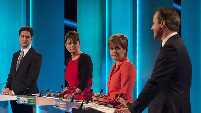 Four of the party leaders during the UK election debate, from left Ed Miliband, Leanne Wood, Nicola Sturgeon and David Cameron (Getty Images) 