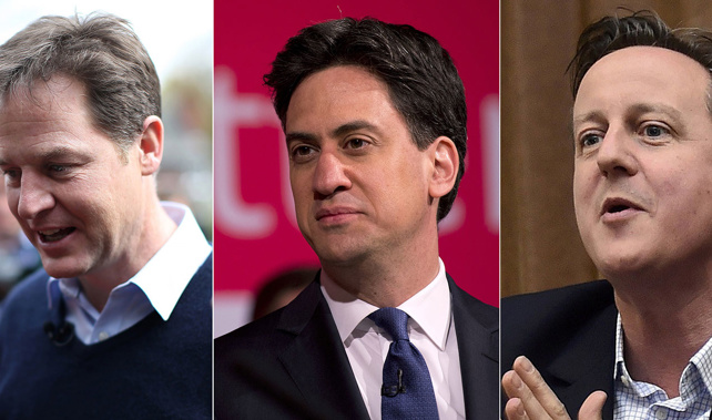 Deputy Prime Minister and Leader of the Liberal Democrats Nick Clegg, opposition Labour Party leader Ed Miliband and British Prime Minister and Leader of the Conservatives David Cameron (Getty Images) 