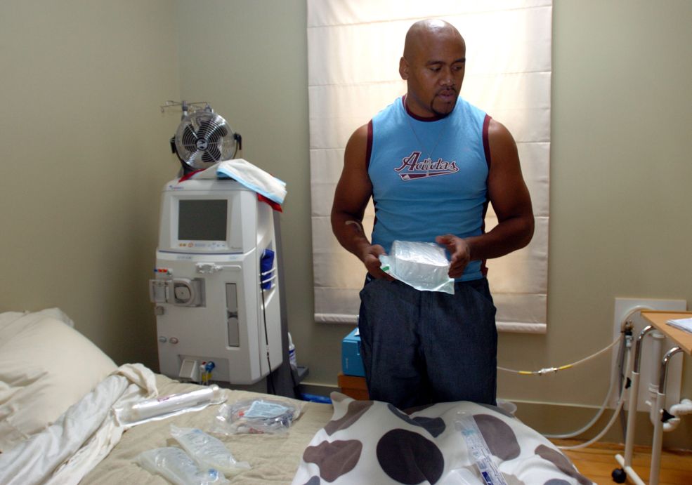 And then, the sobering reminder. Lomu shows his daily dialysis requirements in his own home in 2004.