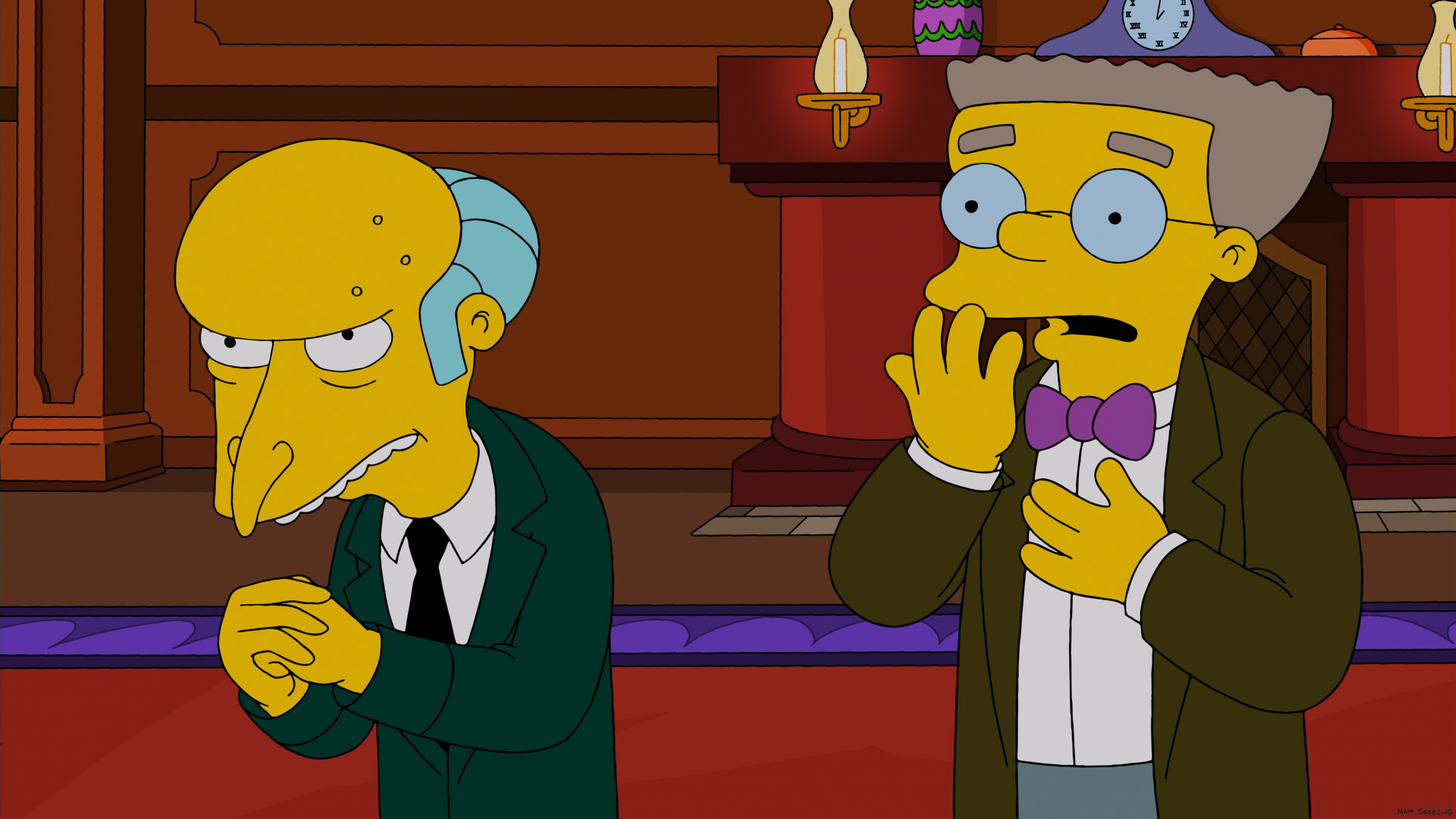 Mr Burns, and Smithers, were both voiced by Harry Shearer. Most of the time he did their scenes in one take!  
