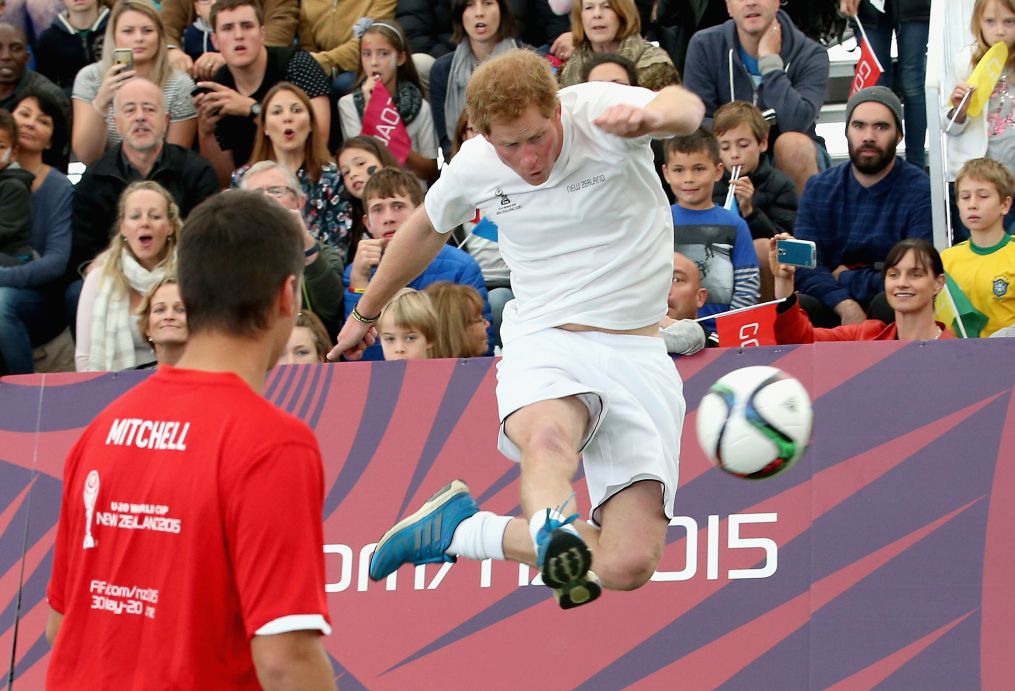 Prince Harry scores the winning goal on the final buzzer as he captains the New Zealand team playing the All Stars in a five a side game of football to promote FIFA Under 20 World Cup / Photo: Getty Images