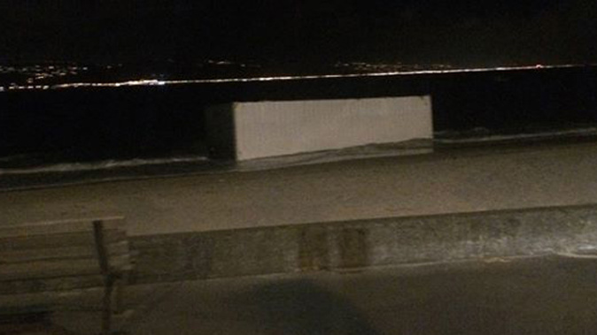 The shipping crate washed up on Oriental Bay (Photo: Libby Davidson)