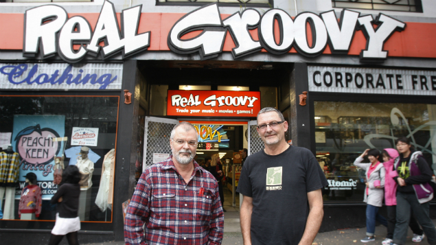 Chris Hart left and Marty O'Donnell celebrating 30 years of the Real Groovy record store in Auckland (NewsPixNz/NZ Herald)