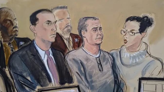 In this January 2020 courtroom sketch, defence attorney Cesar de Castro (left), Mexico's former top security official Genaro Garcia Luna (centre) and a court interpreter appear for an arraignment hearing in a Brooklyn federal court in New York. Image / AP