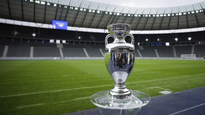 The trophy is on display during the presentation of the European football championship 'Euro 2024' trophy at the Olympic Stadium in Berlin, Germany. Photo / AP