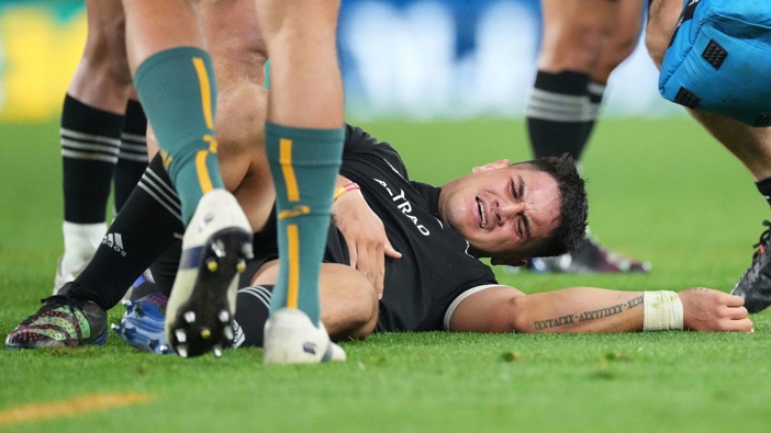 Quinn Tupaea of New Zealand leaves the field injured during the Australian Wallabies v New Zealand All Blacks Bledisloe Cup rugby union test match. Photo / Photosport.co.nz