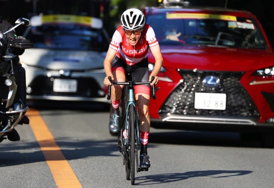 Anna Kiesenhofer of Austria leading the women's cycling road race at the 2020 Summer Olympics. Photo / AP
