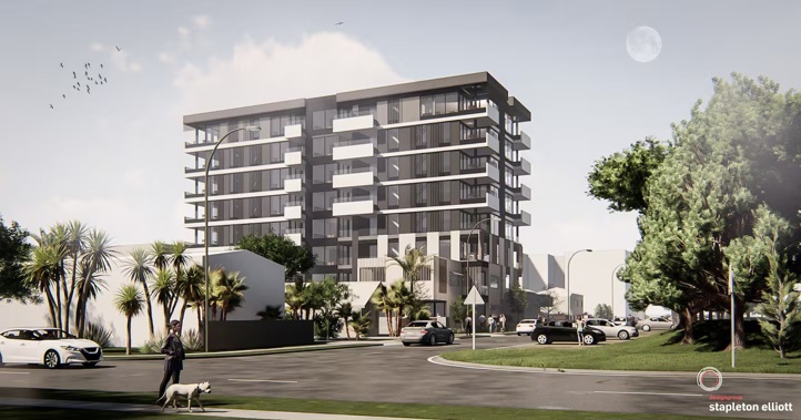 Artist's impression of the proposed eight-storey residential apartment building on Hinau St in Mount Maunganui.