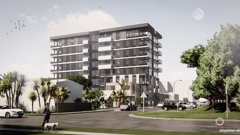 Artist's impression of the proposed eight-storey residential apartment building on Hinau St in Mount Maunganui.