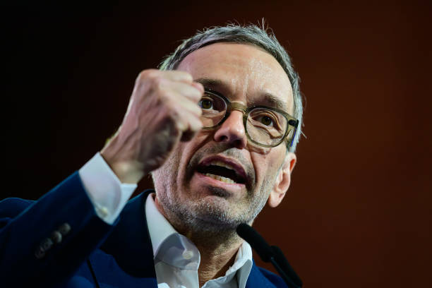 Herbert Kickl, leader of the far-right Austria Freedom Party, the FPOe, speaks at a Vienna state FPOe congress on April 06, 2024 in Vienna, Austria. (Photo by Christian Bruna/Getty Images)