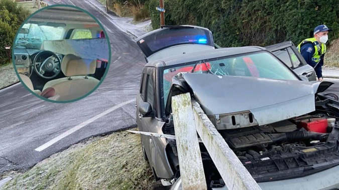 Dunedin resident Olivia Brown feels lucky to be alive after her car crashed into a safety barrier at the intersection of Fea and Orbell Sts recently. (Photo / Supplied)