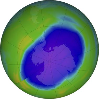 In this NASA false-color image, the blue and purple shows the hole in Earth's protective ozone layer over Antarctica. Photo / AP