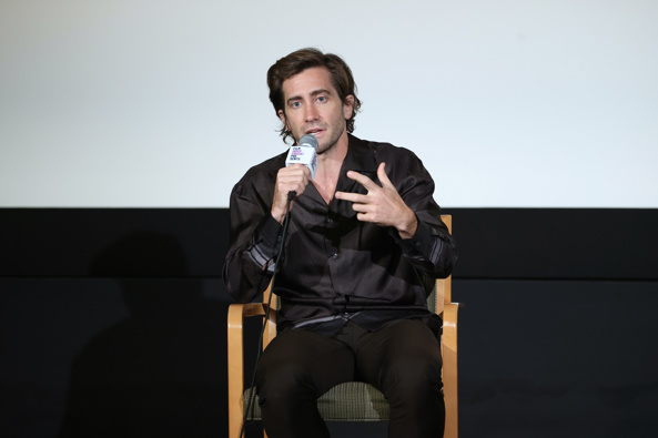 Jake Gyllenhaal speaks onstage at the theatrical screening of The Guilty. (Photo / Getty)