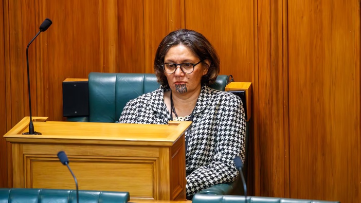 Former Green MP Darleen Tana listening to debates from her seat at the back of the debating chamber, Parliament. Photo / Mark Mitchell
