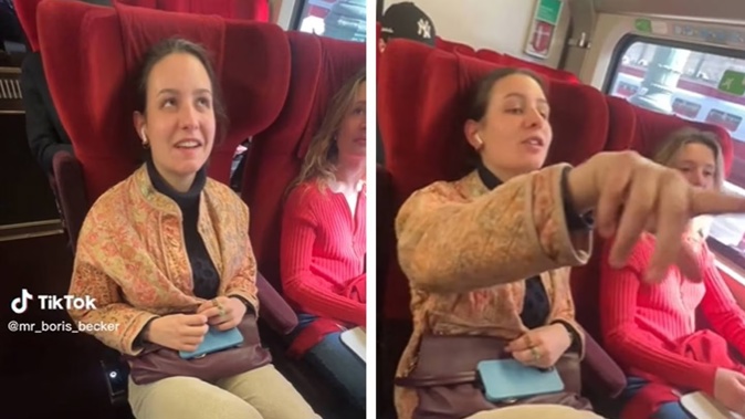 You're in my seat! The confrontation went viral after a woman brazenly sat in an reserved seat. Photo / TikTok; Mr Boris Becker