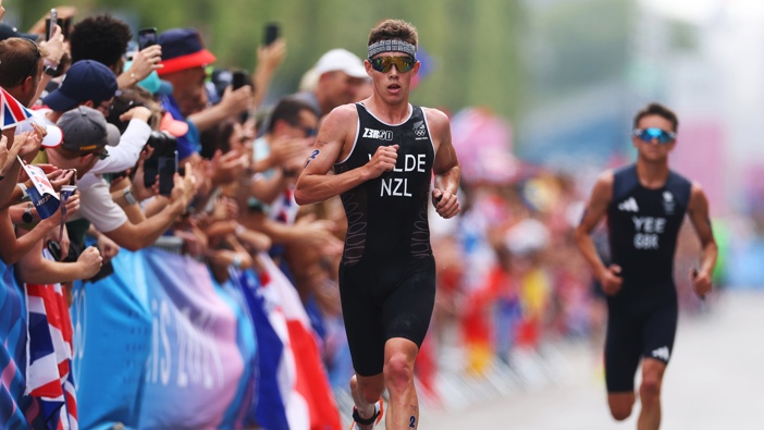 Hayden Wilde of Team New Zealand competes during Men's Individual Triathlon on day five of the Olympic Games Paris 2024 at Pont Alexandre III on July 31, 2024 in Paris, France. (Photo by Lars Baron/Getty Images)