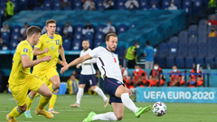 Harry Kane scores the first of his two goals against Ukraine in England's 4-0 quarter-final win. (Photo / Getty)