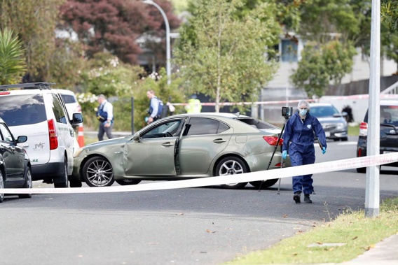 A vehicle of interest remains at the scene on Addington Ave, Manurewa, where two people were shot. Photo / Dean Purcell