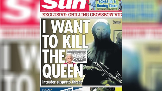 The intruder who broke into Windsor Castle grounds on Christmas morning brandishing a crossbow was planning to assassinate the Queen, according to reports of a chilling new video. Photo / The Sun